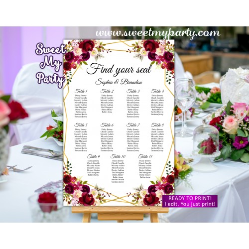 Geometric Seating Charts,Burgundy seating chart,(116w)